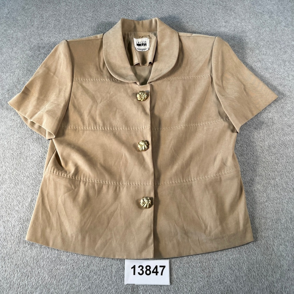 Vintage Leslie Fay Dresses Jacket Women 14 Tan Stretch Button Front Short Sleeve